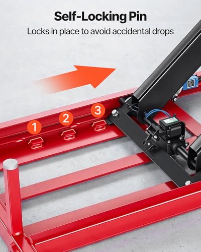Image of VEVOR Motorcycle Lift Table, 1500 lbs Capacity, Electric Hydraulic Pump with Scissor Lift Jack, Adjustable Wheel Chock, 9.05 inch-41.73 inch Height Range, 78.3 inch x 26.3 inch Heavy Duty Repair Stand for Dirt Bike