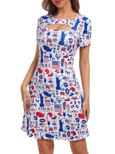 Image of 4th of July Dress Women Cut Out Casual Summer Short Sleeve Sundress Patriotic USA Shirts American Flag Outfits