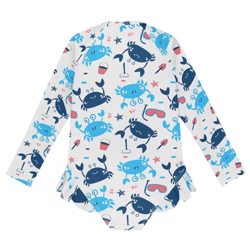 CaTaKu Girls One Piece Swimsuit Cute Crab Print Bathing Suit Long Sleeve UPF 50+ Rash Guard Swimwear 3-12Y2