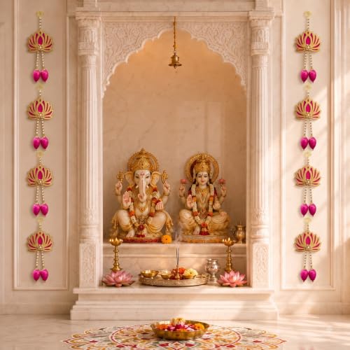Image of JH Gallery Golden Lotus Latkan - Ganesh Chaturthi Decoration Items for Home, Handmade Ganpati Makhar & Mandap Backdrop, Temple & Wall Hanging Decor (13 Inch, Pack of 10)