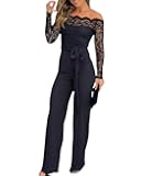Womens Dressy Jumpsuits Casual One Piece Outfits Off Shoulder Lace Trim Overalls Straight Leg Pants