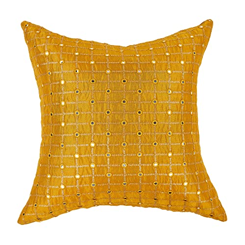 Image of Mustard Decorative Cushion Cover 20x20 inches Set of 2, Gold Sofa Pillow Covers, Silk Embroidered Cushion Covers with Mirror Work