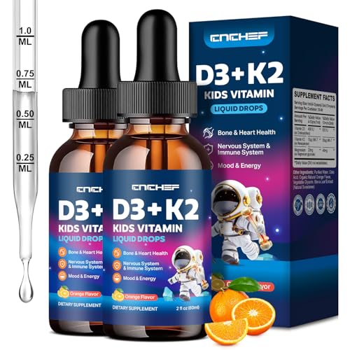 Image of 2PCS Vitamin D3 K2 Drops for Kids - Liquid Supplement with Magnesium for Calcium Absorption, Joint Health, Teeth & Heart - Non-GMO, Vegan, Orange, 4 Fl Oz - Kids Ages 4+
