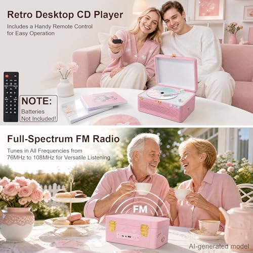 Image of Gueray Retro CD Player Portable Bluetooth: Vintage CD Players for Home with Speakers CD-Player 3600mAh Rechargeable & Radio & Remote Control Support USB /AUX Playback Headphone Jack (Pink)