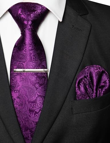 Image of JEMYGINS Mens Solid Color Paisley Necktie and Pocket Square with Tie Clip Sets