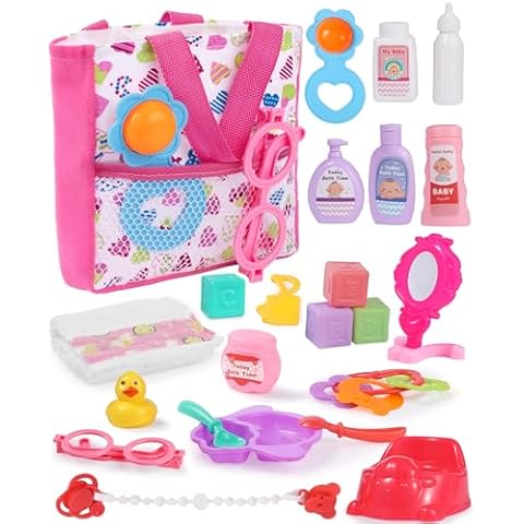 GAGAKU 23 Pack Baby Doll Accessories Set Baby Doll Feeding and Caring Set Includes Diaper Bag,Doll Diapers,Toys, Bottles,Pretend Play Set,Shower,Eating,and More, Perfect for Kids Toddlers and Girls Cover