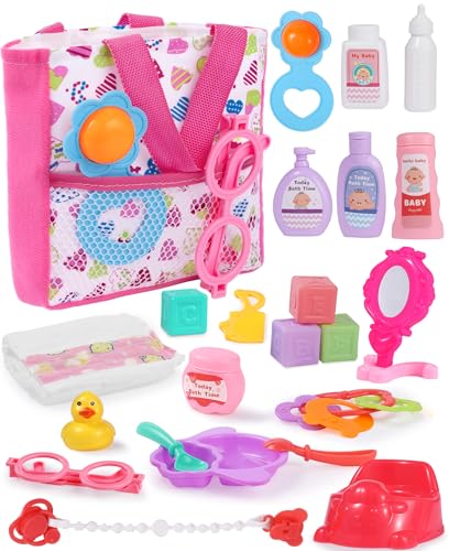 GAGAKU Juego de accesorios para muñecas de bebé, juego de alimentación y cuidado para muñecas de bebé, incluye bolsa de pañales, pañales para muñecas, juego de rol, duchas, comida y más, perfecto para