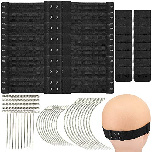 8 Pieces Adjustable Wig Bands with Hooks Wig Band Elastic 50 Pieces Stainless Steel T Pins 20 Pieces C Curve Weaving Needles Sewing, Wig Hair Extension Supply Accessories for Making Wigs