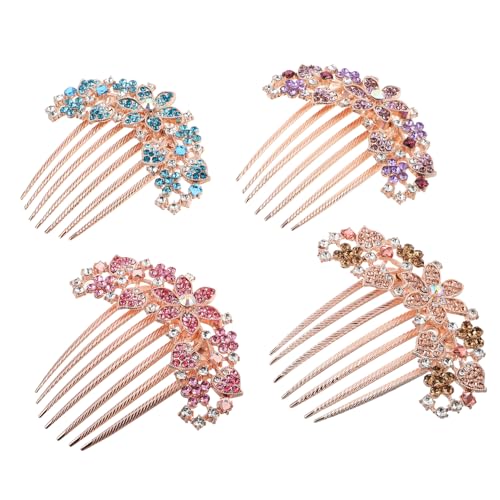 WESIEVYA 4個 フレンチスル色ラインストーン花ヘアコーム 軽量メタル製 髪に優しい装飾的ヘアアクセサリー レディース パーティー結婚式用