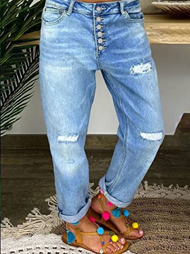 Akivide Women's High Waist Ripped Distressed Straight Leg Mom Jeans Casual Button Closure with Pockets2