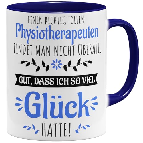 OM3 Physiotherapeut Kaffee-Tasse mit Spruch - Geschenk für Physiotherapeuten Danke Spruch Glück gehabt - Keramik Becher - 325ml - Beidseitig Bedruckt - Dunkelblau