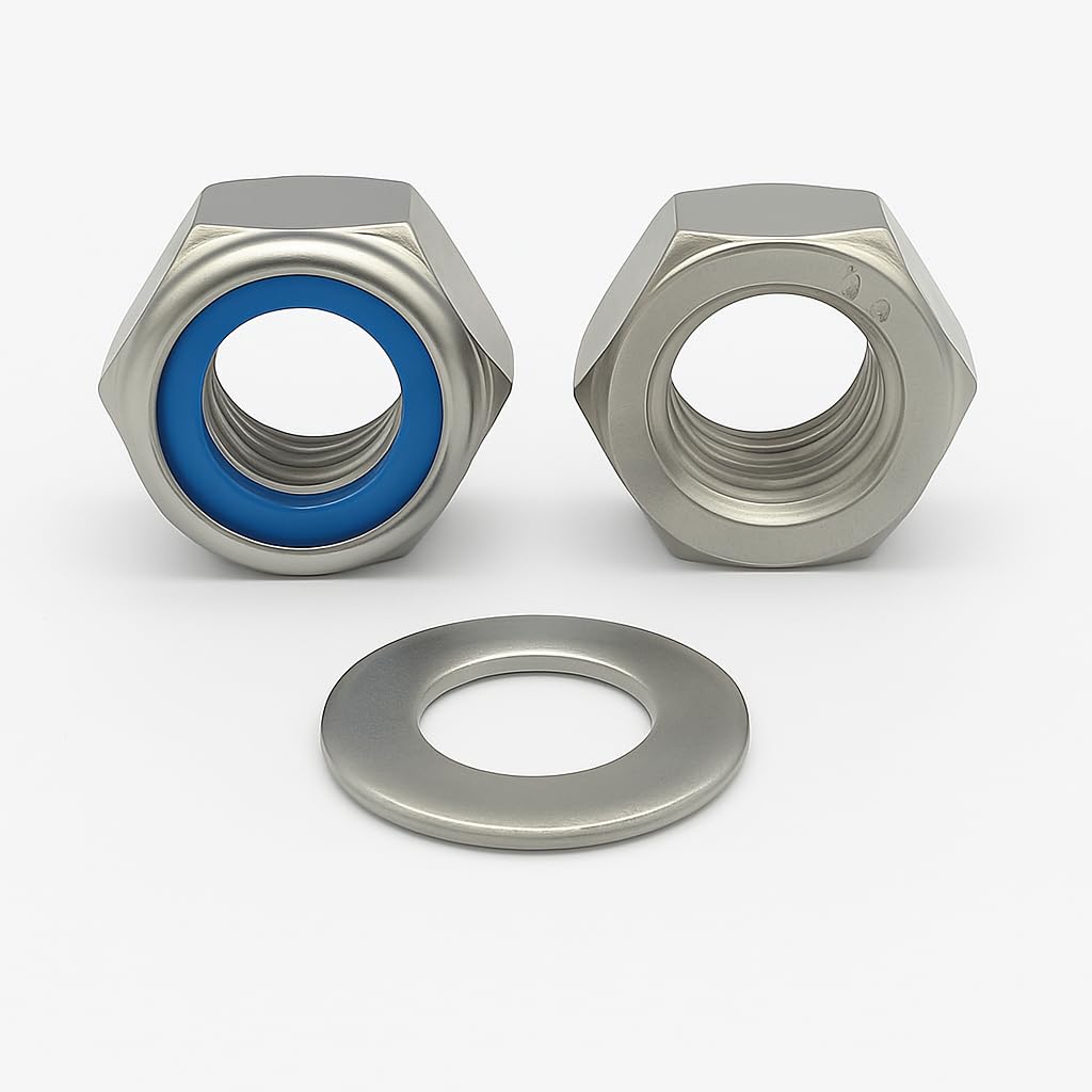 Dadi esagonali autobloccanti DIN 985 M8 A2 acciaio inox AISI 304 con rondelle piane DIN 125