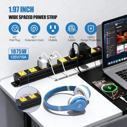Image of 8 Outlet Wall Mount Metal Power Strip, 1.97 Inch Wide Spacing Flat Plug, 6FT 14AWG Extension Cord with Switch, 15A 1875W ETL Listed for Garage, Workshop, Home