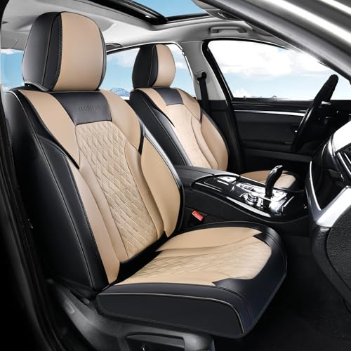 Image of FLORICH Seat Covers, Car Seat Covers Front Seats, Luxury Nappa Leather Seat Covers, Breathable and Waterproof Car Seat Protector 2 Seat, Automotive Seat Covers Universal for Most Cars-Black&Beige