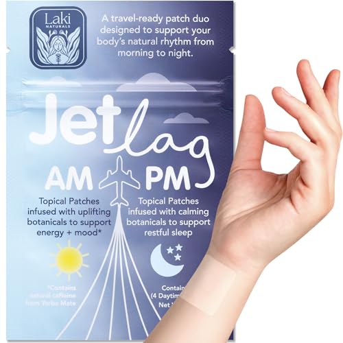 Laki Naturals Jet Lag AM & PM Travel Patches (1 Count Pack of 8) Natural Day & Night Support for Travelers Energy Focus & Restful Sleep with B12 Valerian Lavender & More