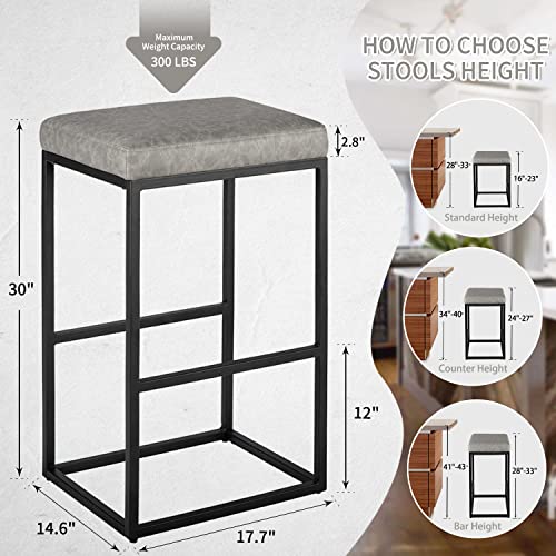 Heugah Counter Height Bar Stools,30 Inch Bar Height Stools,Faux Leather Bar Stools Set Of 2,Modern Backless Bar Stools With Upholstered And Metal Steel Frame (30 Inch, Grey) #TOP2
