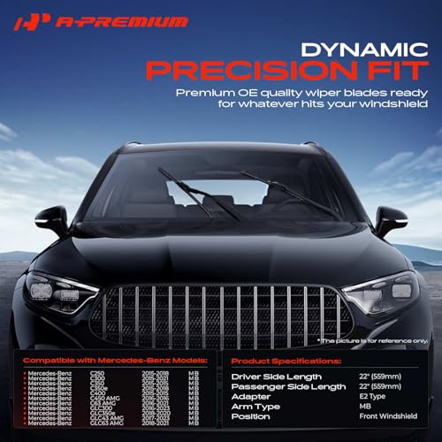 A-Premium 22"+22" Windshield Wiper Blades Compatible with Mercedes-Benz C250, C300, C350, C350e, C400, C450 AMG, C63 AMG, GLC300 - MB Connector, with Wear Indicator & Towel (Pack of 2) by A-Premium - Image 2