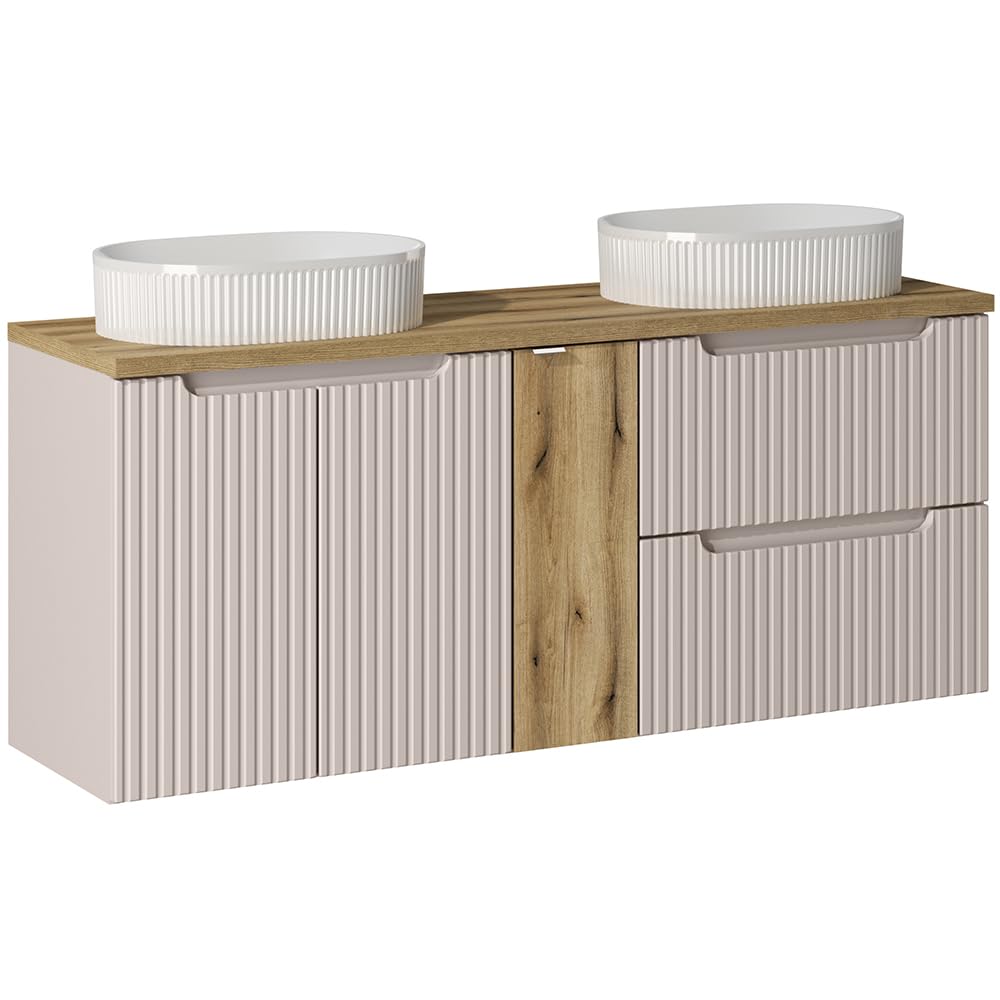 Lomadox Lavabo doppio da bagno, 140 cm, con 2 lavabo, cashmere e quercia, frontale scanalato