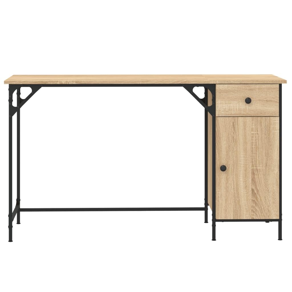 Scrivania per computer in rovere Sonoma, 131 x 48 x 75 cm, in legno con telaio in metallo, ampio spazio di archiviazione, ergonomica, per ufficio, casa e cameretta dei bambini, salvaspazio e