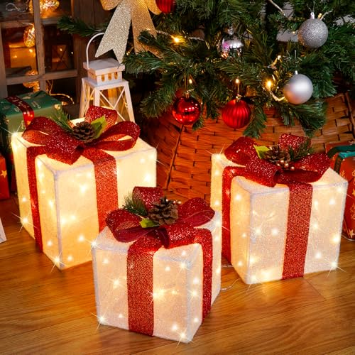 SANHSEHOME 3er Set LED Geschenkbox Weihnachten, 22CM Beleuchtete Deko...