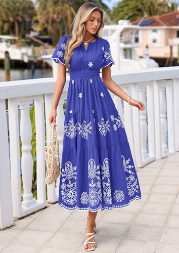 Image of PRETTYGARDEN Womens Summer Dresses Floral Maxi Boho Spring Long Dress | Lightweight Cotton Embroidery, V Neck Short Sleeve Empire Elastic Waist, Flowy Vacation Wedding Guest Dresses, with Pockets