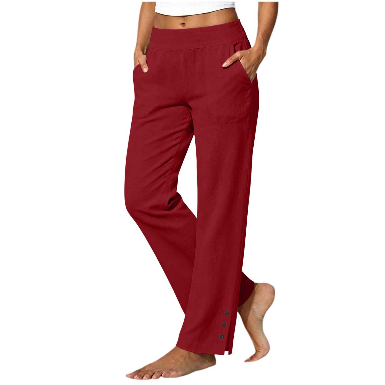 Pantalon Coton Et Lin pour Femme avec Taille Élastique Et Poches Côté - Pantalon Droit À Ouvertures Latérales Et Boutons, Idéal comme Pantalons Casual pour La Vie Quotidienne Et Les Balades