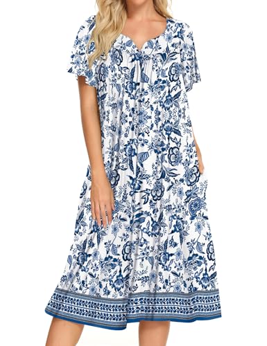 Image of Bloggerlove Mumu House Dress for Women with Pockets Short Sleeve Nightgowns | 15% Cotton, 80% Polyester, 5% Spandex, Floral Mumu House Dress, V-Neck, Short Sleeves, Midi Length, 2 Side Pockets, Lounging