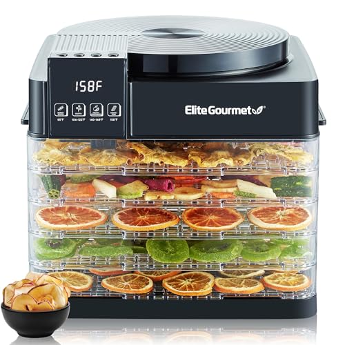Elite Gourmet EFD422 Digital Food Dehydrator with 5 BPA Free Trays, Top Mounted Fan & Heater, Adjustable Timer and Temperature Controls, Jerky, Herbs, Fruit, Veggies, Snacks, Black
