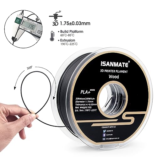 Image of iSANMATE 3D Printer Filament, Ebony Wood PLA Filament 1.75mm, + /- 0.03mm Accuracy, 1kg /Spool (20% Real Wood Fiber)