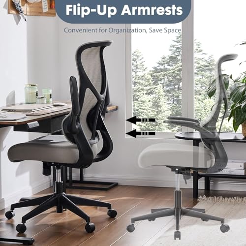 Image of Sweetcrispy High Back Office Chair - Ergonomic Computer Gaming Mesh Chairs with Lumbar Support, with Soft Flip Up Arms, Adjustable Height and 360 Wheels, Light Grey