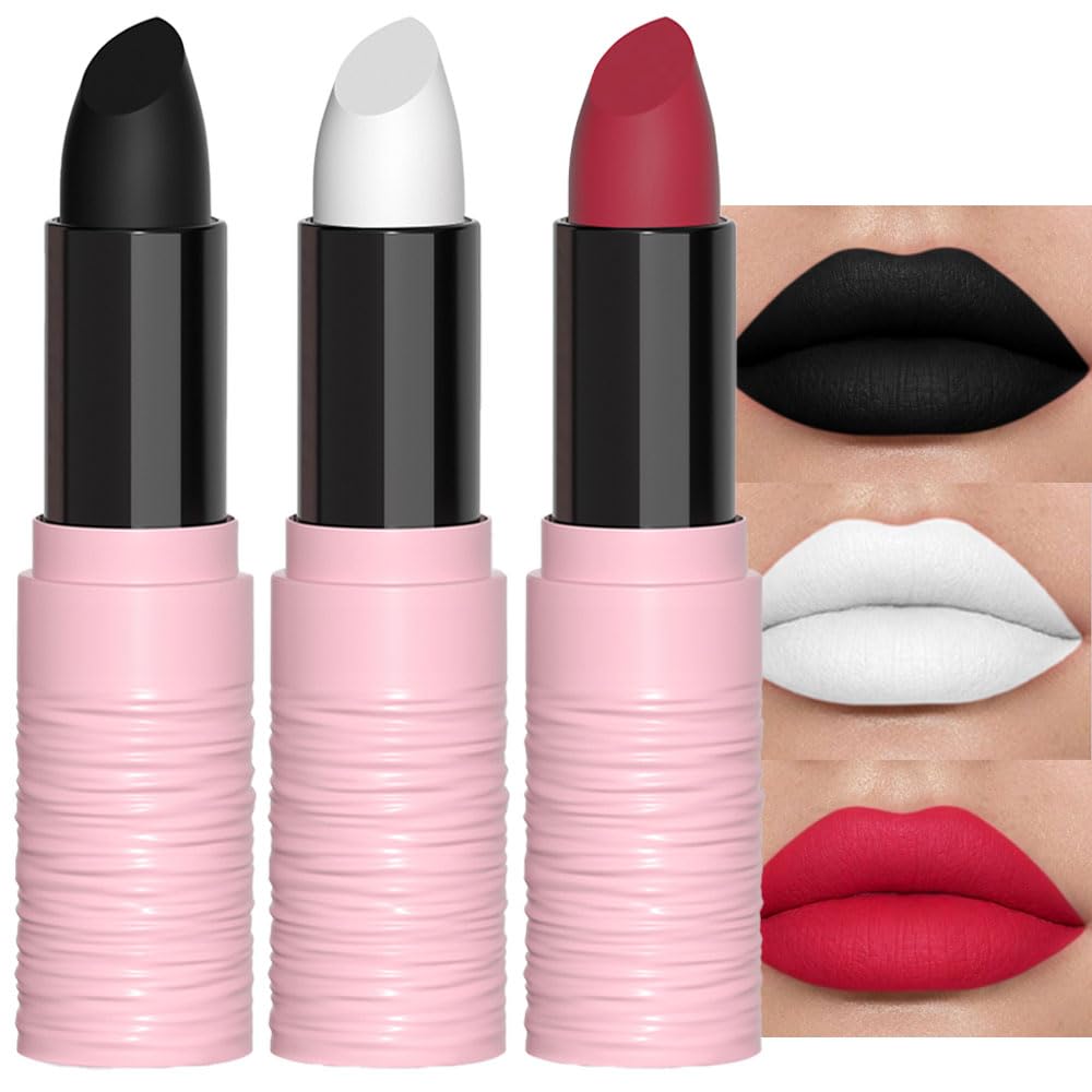 evpct3Pcs Black Whtie Red Matte Lipstick Face Body Paint Stick Set High Impact Lipcolor with Moisturizing Creamy Formula Baseball Football Softball Eye Black Stick for Sports Halloween Party Clown