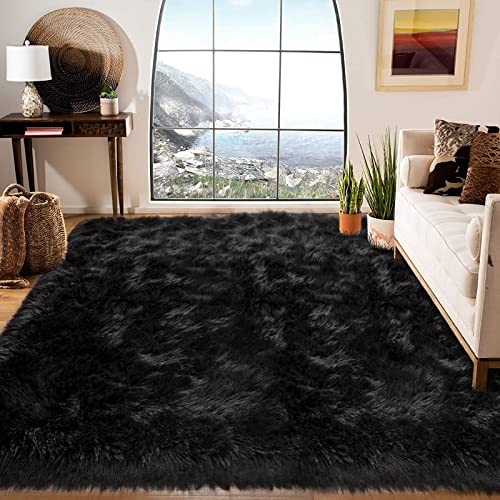Latepis Area Rugs 12x12 Black Fuzzy Washable Rugs Faux Sheepskin Fur Rug for Living Room and Bedroom Shag Fluffy Rug for Floor Sofa Entertainment Room, Square