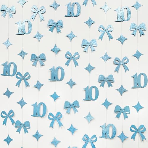 Image of Glitter Blue 10th Bow Birthday Decorations Teal Blue Conquette Bow Garland Streamer Banner Backdrop for Girls Happy 10th Birthday Double Digits I'm 10 Cheers to 10 Years Old Anniversary Party Supplies