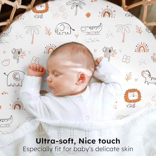 Image of Baby Bassinet Sheets, 3 Pack Fitted Bassinet Mattress Sheets, Compatible with Halo Bassinest Swivel Sleeper & Oval Hourglass Rectangle Mattress, Ultra Soft Orange Animal World