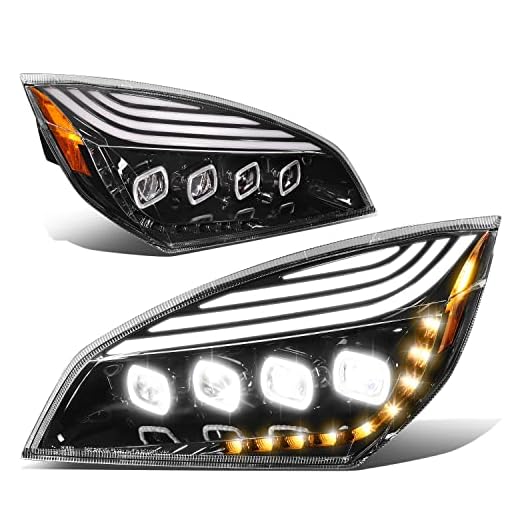 DNA MOTORING HL-HAY-024-BK Pair of LED Quad Projector Sequential Chase Halo Ring Headlights Compatible with 2018-2021 Freightliner Cascadia,Black Housing