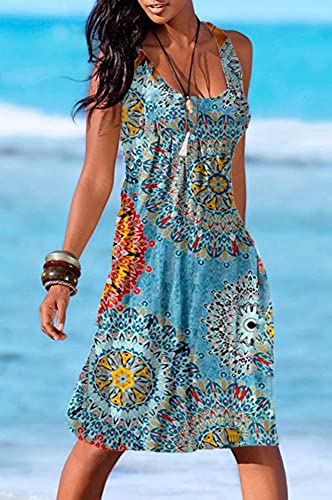 Image of Camisunny Women Casual Loose Tank Dresses Sleeveless Beach Vacation Dress Swing Pleated U Neck Fashion Soft