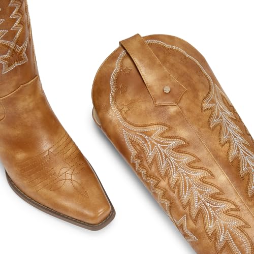 Image of wetkiss Cowboy Boots Womens Knee High Cowgirl Boots Embroidered Pointed Toe | Cowgirl Boots, Retro Embroidery, Block Heel, Stable and Comfortable, Pull-On, Style for a Classic Vintage Western Look
