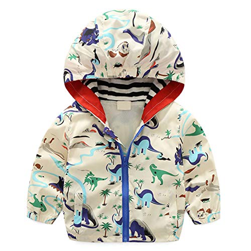 lymanchi Kids Baby Boy Casual Windbreaker Outerwear Dinosaur Printed Zipper Hooded Jackets Coat Beige Dinosaur 2T