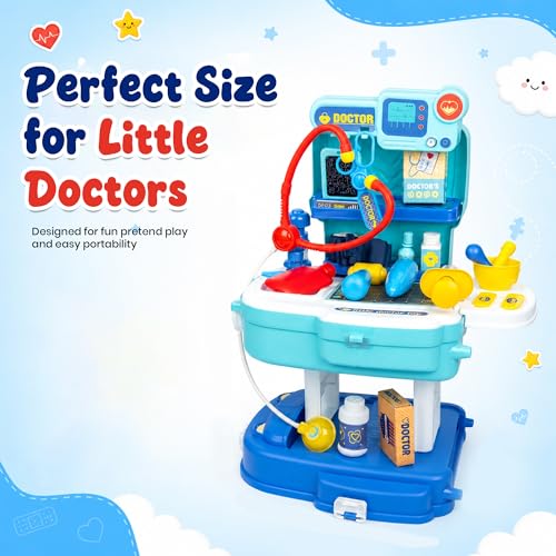 Image of Kids Doctor Play Set with Doctor Coat | 32-Piece Pretend Clinic Kit with Stethoscope, 2 in 1 Suitcase | Educational Medical Role Play Toy for Boys Girls Age 2-8 Years | White