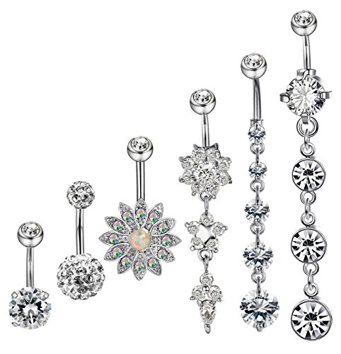 Hanpabum 5Pcs 14G Stainless Steel Dangle Belly Button Rings for Women Girls CZ Navel Rings Body Piercing Set