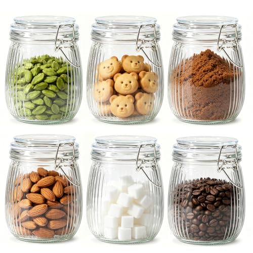 Image of ComSaf Ribbed Glass Mason Jars with Airtight Lids 25oz 6 Pack Sourdough | BPA-free food-grade glass, ribbed texture, wide mouth, flour & sugar, baking staples, sourdough starter, pantry canisters