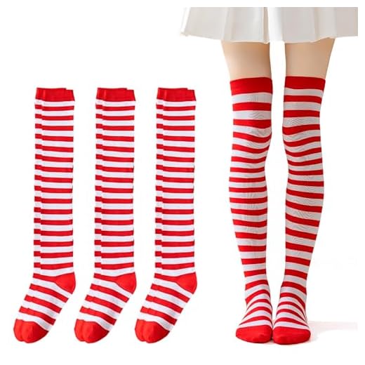 Karneval Kostüm Damen, 3 Paar Ringelsocken Rot Weiß Karneval Kniestrümpfe Für Erwachsene Auffällige Gestreifte Socken Für Karneval Kostüm Cosplay Party Festival Outfit, Ringelshirt Rot Weiss Karneval