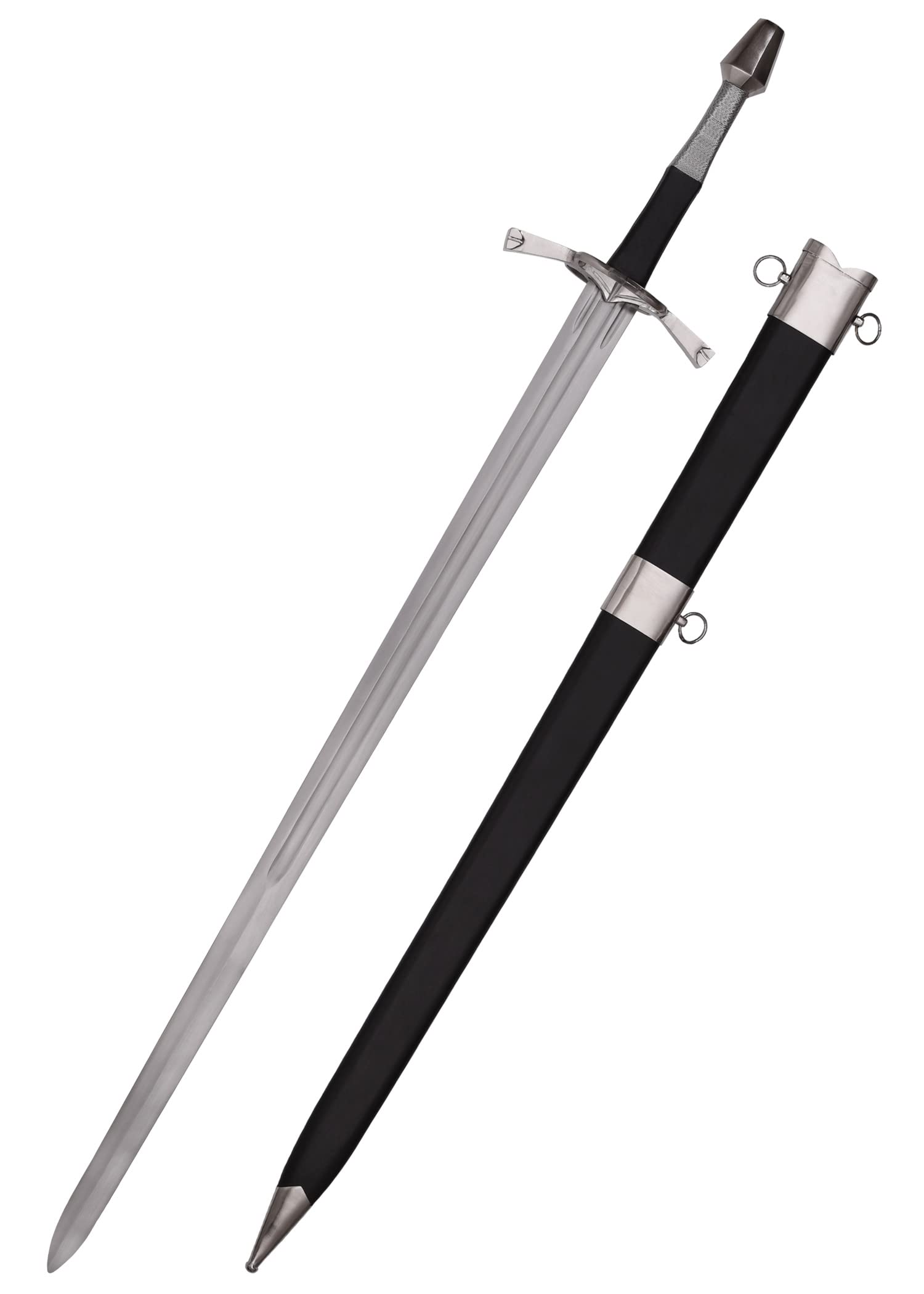 Battle-Merchant Langschwert mit Parierring, inklusive Scheide | EN45 Federstahl, Schwert Replik ca. 15. Jh., Mittelalter, Zweihänder, Sammlerstück & Dekoration, ab 18