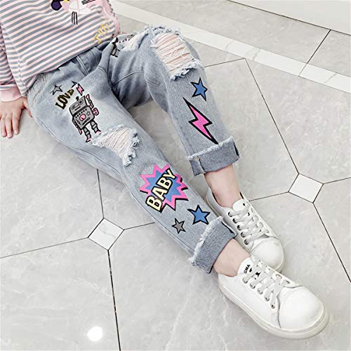 Big Girls Kids Child Distressed Ripped Hole Teens Jean Cartoon Robot Letter Print Denim Pants3