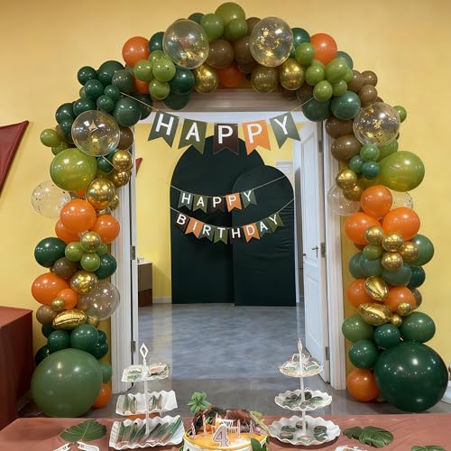 Image of Green Brown Balloons Olive Green Brown Orange Gold Balloons Sage Avocado Khaki Metallic Gold Balloon Set for Kids Boys Dinosaur Dino Jungle Safari Forest Baby Shower Birthday Party Decorations