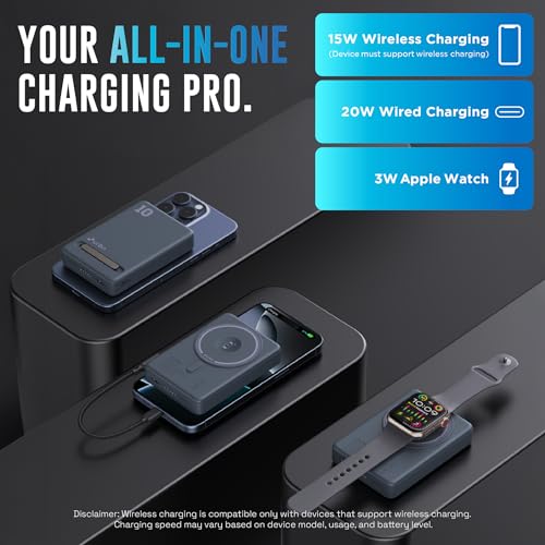 Image of URBN Slide Pro 4-in-1 MagSafe Wireless Power Bank 10000mAh with Kickstand | Fast Charging for iPhone 12 & Above, Apple Watch, AirPods & Qi-Enabled Android Devices | MagTag Ring Included (Blue)