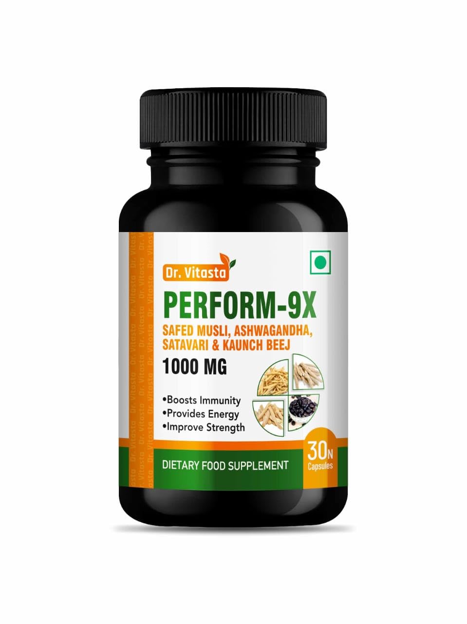 Vitasta PERFORM-9X SAFED MUSLI, ASHWAGANDHA, SATAVARI & KAUNCH BEEJ 1000 MG •Boosts Immunity •Provides Energy •Improve Strength DIETARY FOOD SUPPLEMENT (30N Capsules)