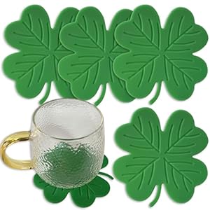 4Pcs St Patricks Day Coaster Silicone Green Shamrock Drink Coasters Non Slip Insulation Lucky Clover Tea Cup Mats Coffee Coasters for Mugs Cups Irish Party Home Office Table Decoration Supplies