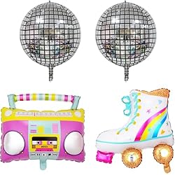 Patines 90S DIWULI set de globos retro - globos decoración retro 80s 90s 2000s, globos de papel de aluminio cumpleaños hombre mujer cumpleaños globo decoración fiesta cumpleaños música disco bola altavoz patines