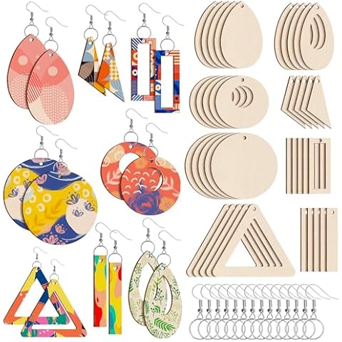 Anjmd 280 Pieces Unfinished Wooden Earrings Blanks Wooden Teardrop/Circle/Triangle/Rectangle Shapes Earrings Pendants Wood Earring Pendant Pieces with 100 Pieces Hooks & 100 Pieces Rings Cover